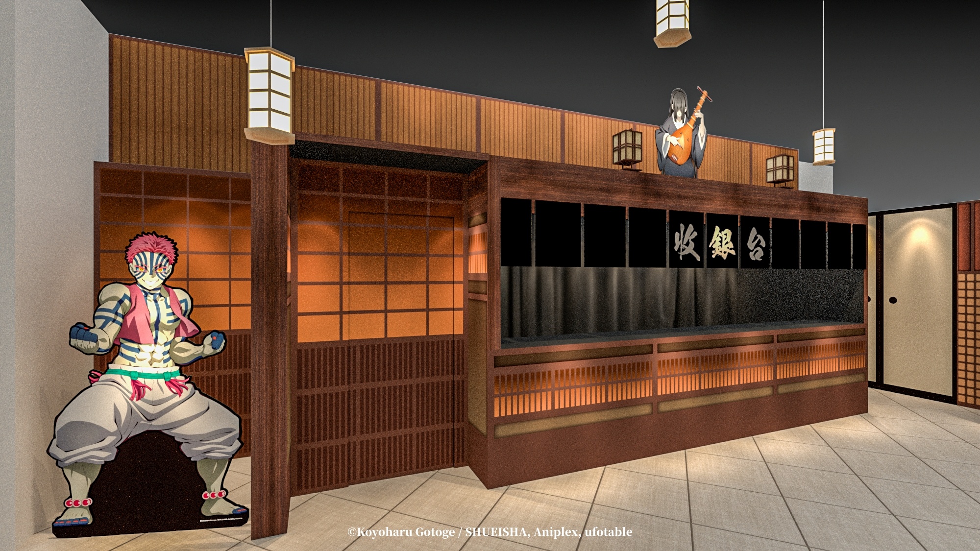 05 以無限城進行設計的商售區，猗窩座的戰鬥姿態與坐鎮收銀台的鳴女